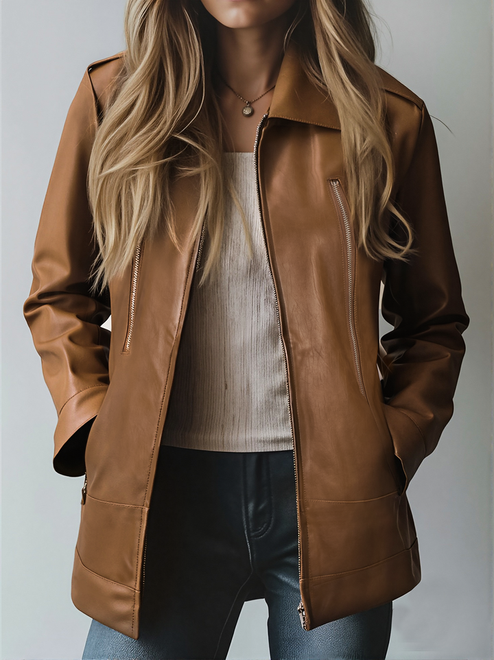 Giacca donna autunnale vintage marrone con zip e colletto rever. Stile distintivo per un outfit moda femminile.