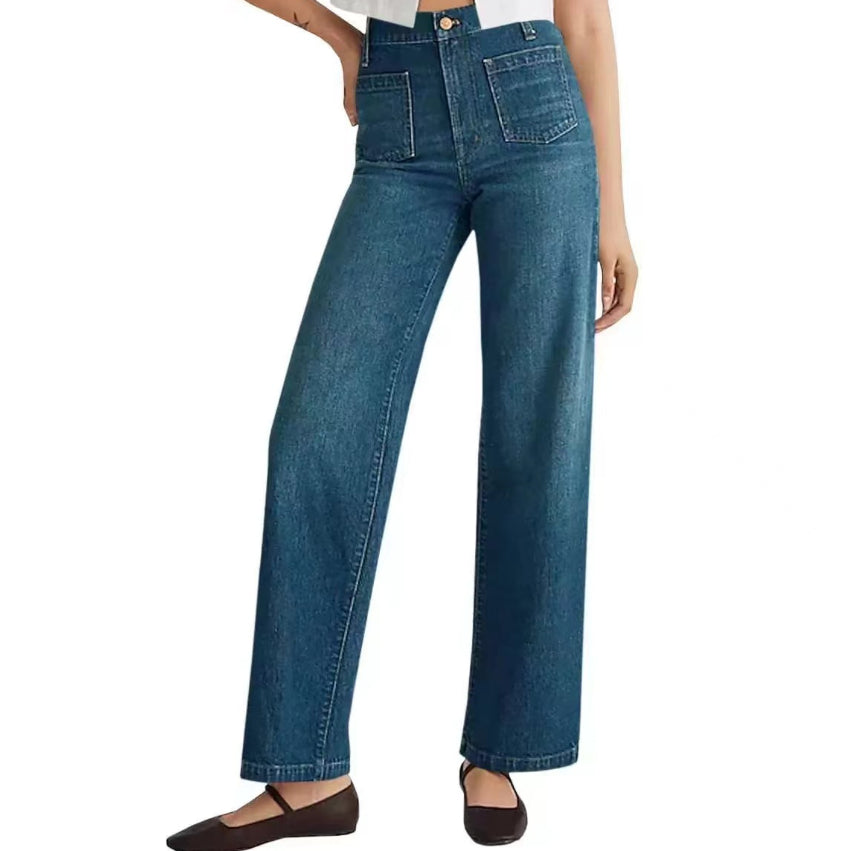 Jeans larghi strappati da donna a vita alta blu denim, perfetti per un look casual moderno.