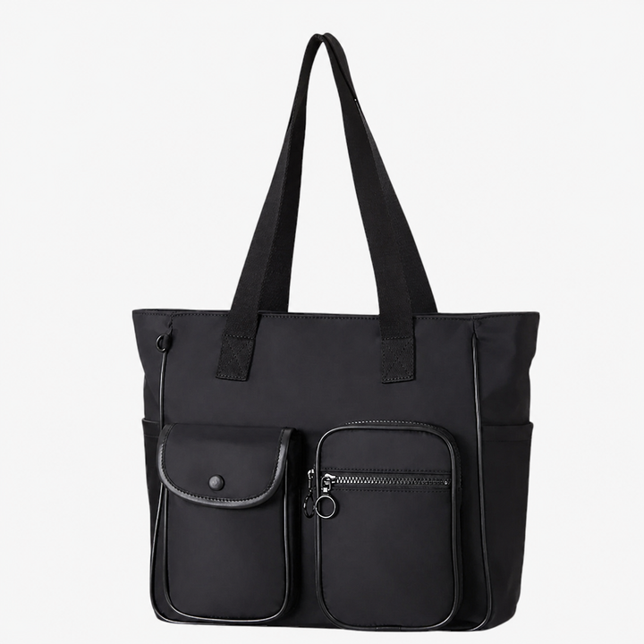 Borsa tote da donna nera multitasche, elegante e pratica per l'organizzazione quotidiana, con tracolla.