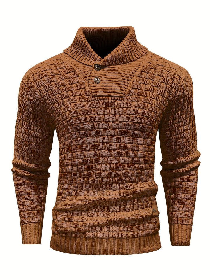 Maglione elegante uomo invernale, con collo a sciarpa, perfetto per il clima freddo.