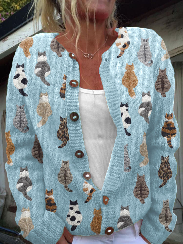 Cardigan donna casual con stampa gatti in stile felino e bottoni. Un capo moda invernale/autunnale, comodo e trendy.