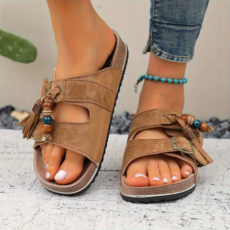 Sandali donna Rio Tassel marroni, eleganti e comodi per la moda estiva quotidiana.