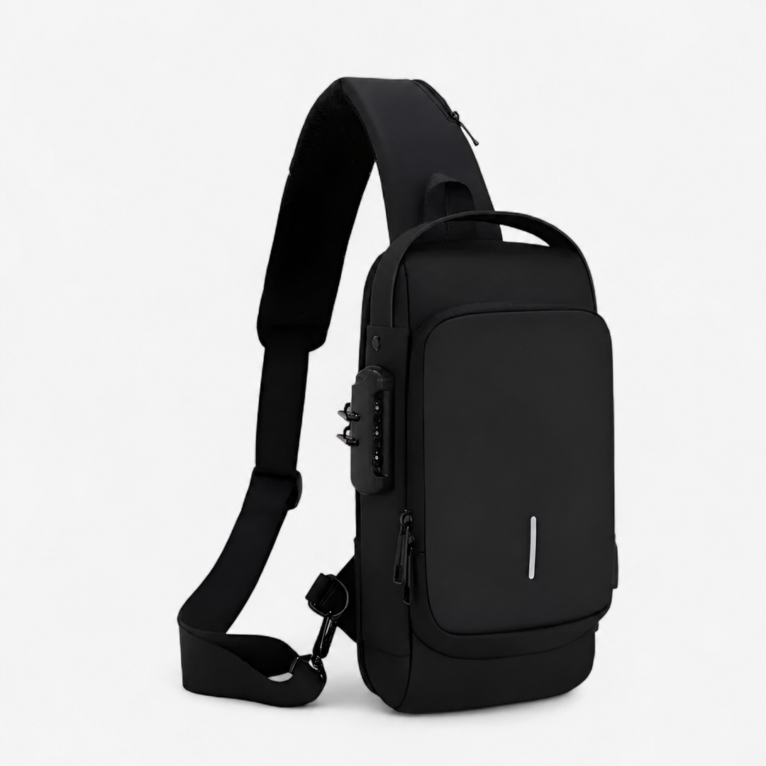 Uomo che indossa borsa monospalla antifurto in città. Stile elegante e sicurezza per ogni spostamento.