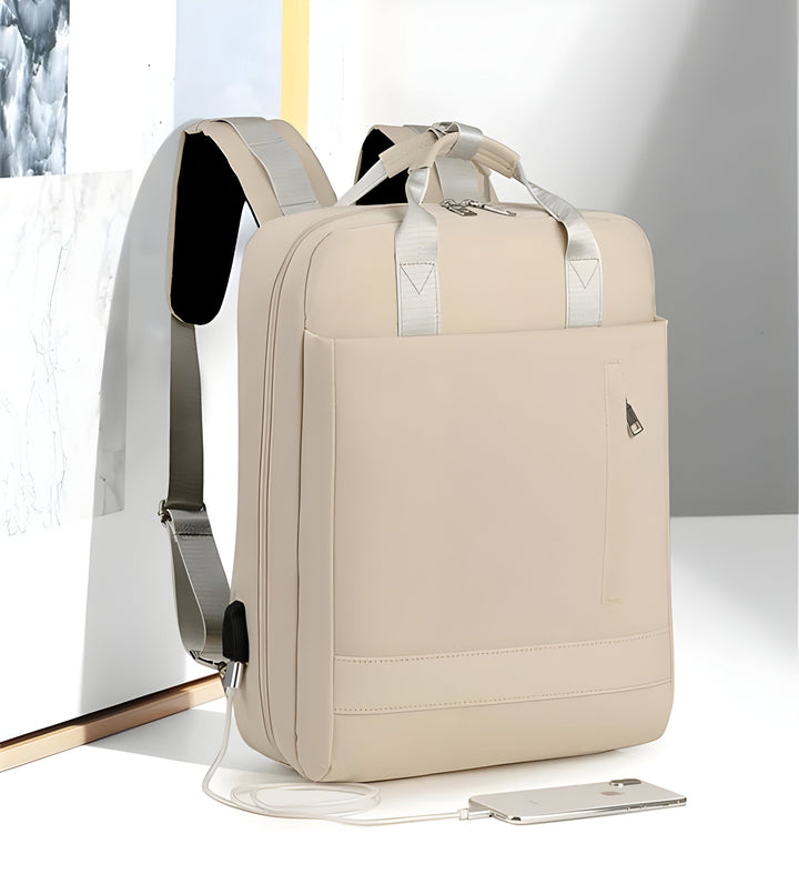 Zaino beige donna elegante, stile minimalista e tessuto resistente per il quotidiano.