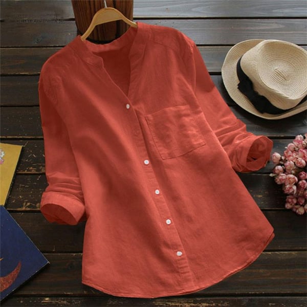 Camicia donna versatile a maniche lunghe, scollo a V. Ideale per look casual o eleganti. Vestibilità morbida.