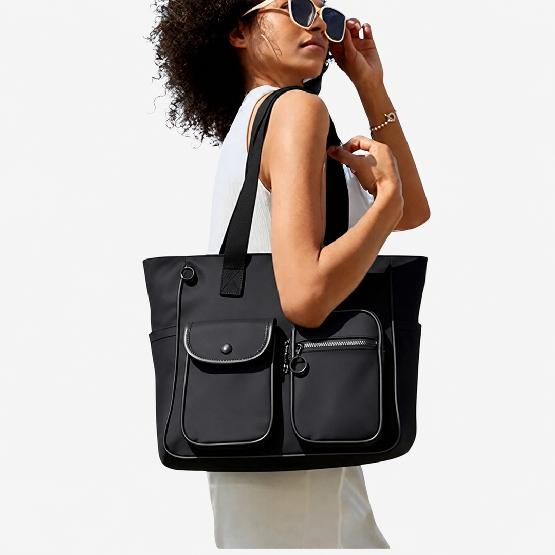 Elegante borsa a spalla tote da donna nera, multitasche, ideale per un look quotidiano e un'organizzazione ottimale.
