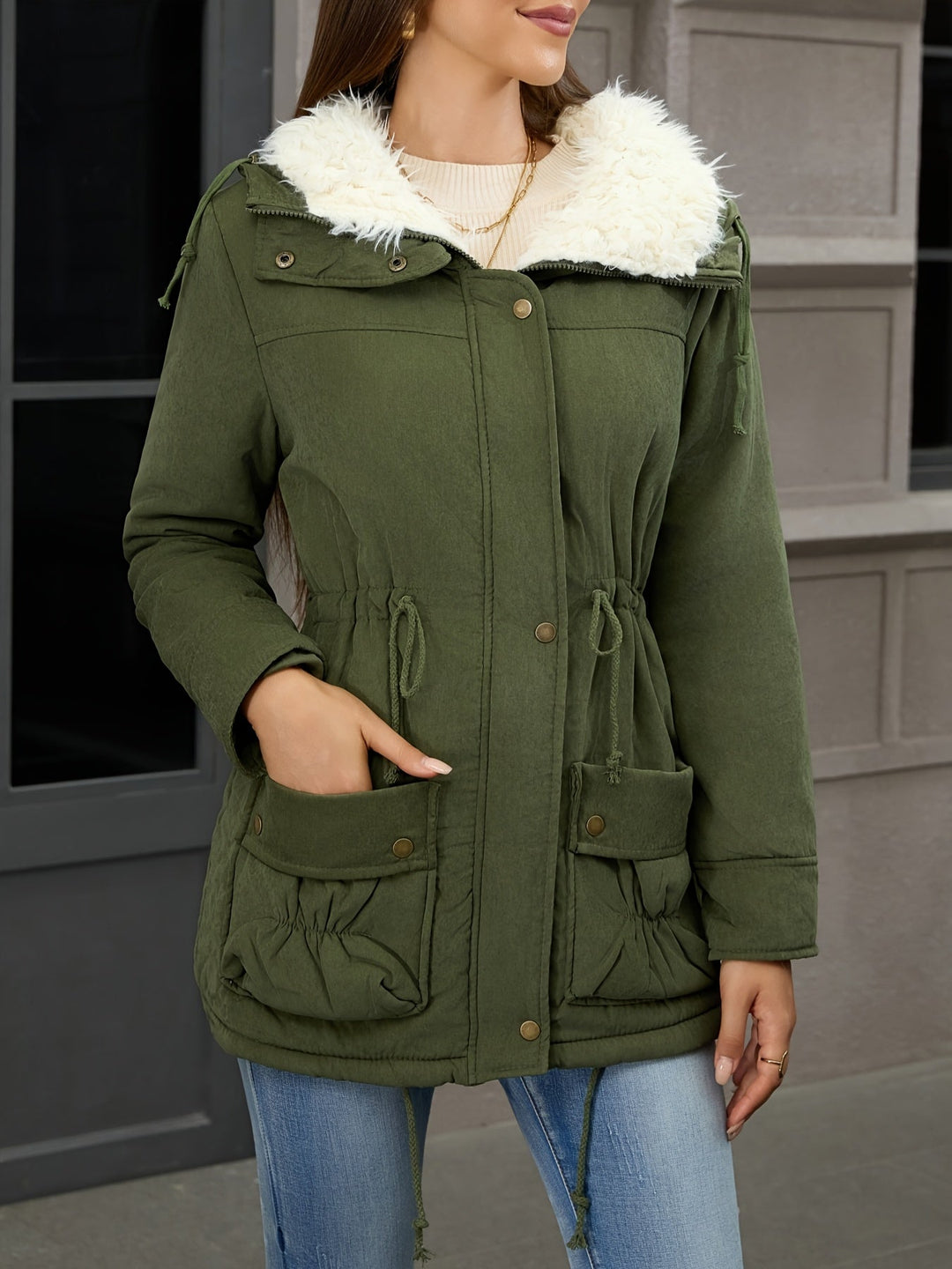 Parka lungo donna versatile, collo borg. Adatto sia elegante che casual. Vita regolabile, nero invernale.