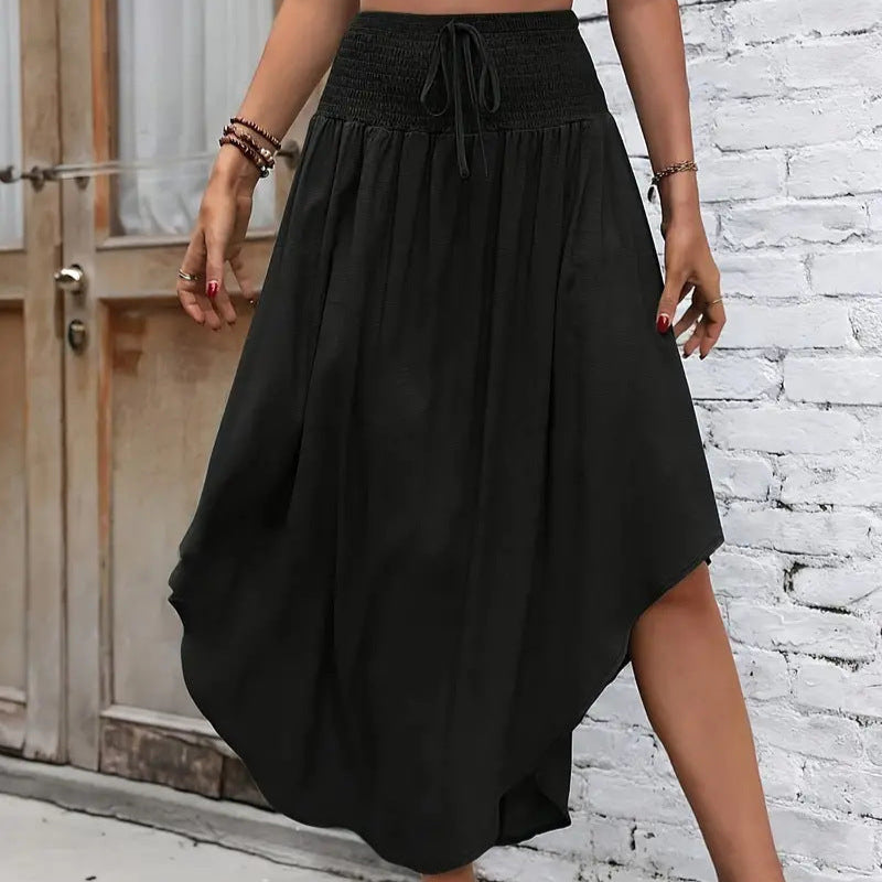 Gonna a linea A stampata con lacci, gonna midi donna per un look casual-elegante in primavera e autunno.