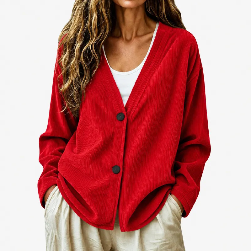 Cardigan casual oversize donna a coste, con bottoni e scollo a V. Ideale per look primaverili.