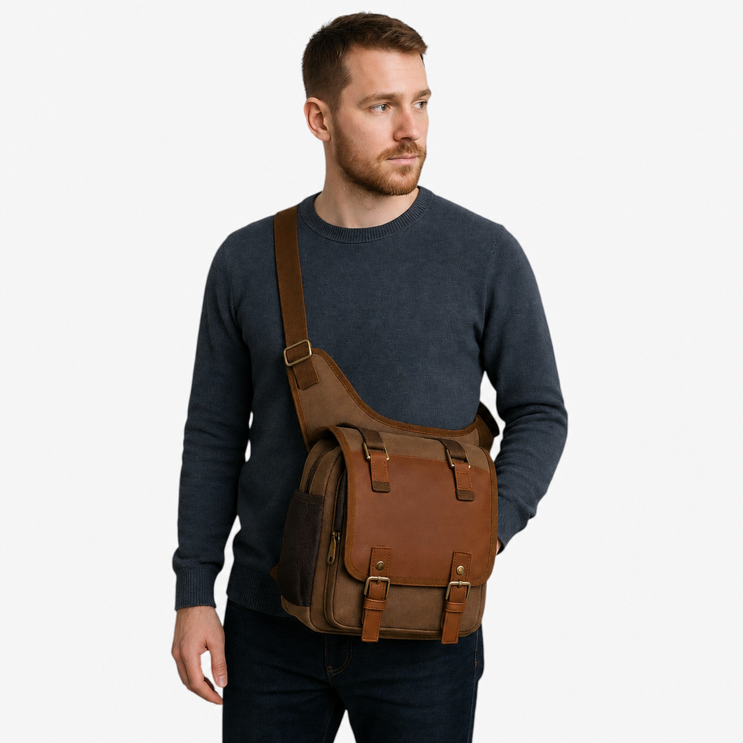 Borsa messenger uomo in tela kaki multitasche, pratica compagna di viaggio, perfetta per un look casual.