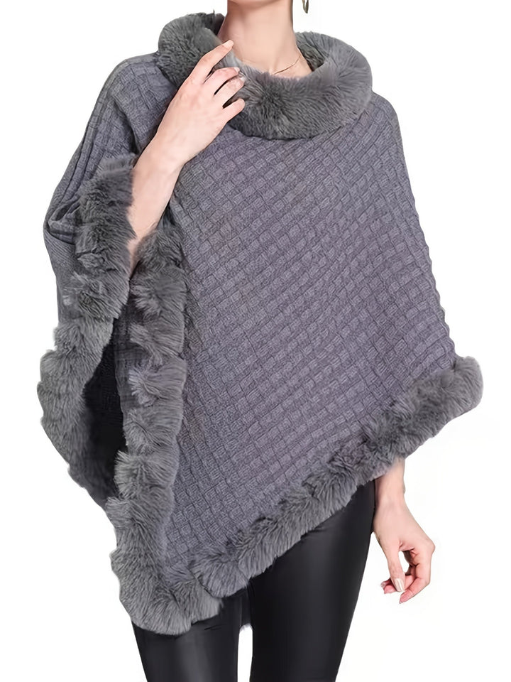 Poncho oversize donna, mantello invernale morbido con raffinato bordo in pelliccia, caldo e trendy.