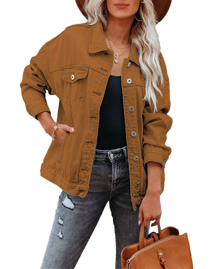 Elegante giacca corta oversize in denim da donna con colletto a sciarpa, ideale per la primavera/autunno.