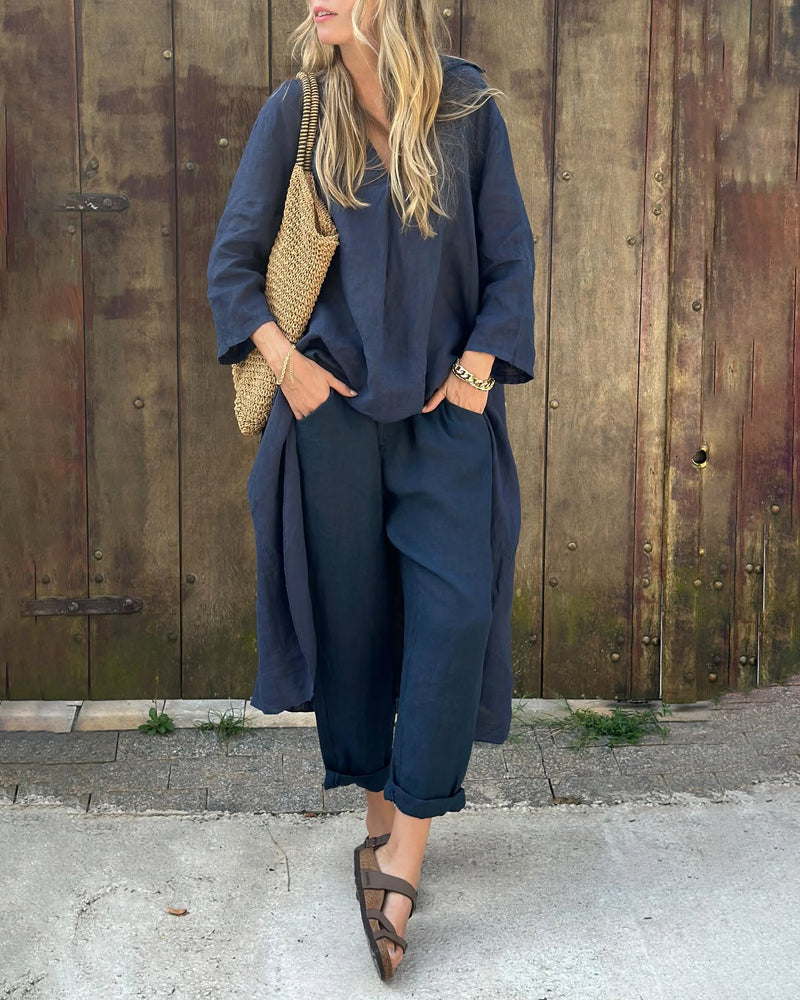 Moda donna: completo tunica oversize e pantaloni harem in lino/cotone, versatile e leggero per l'estate.