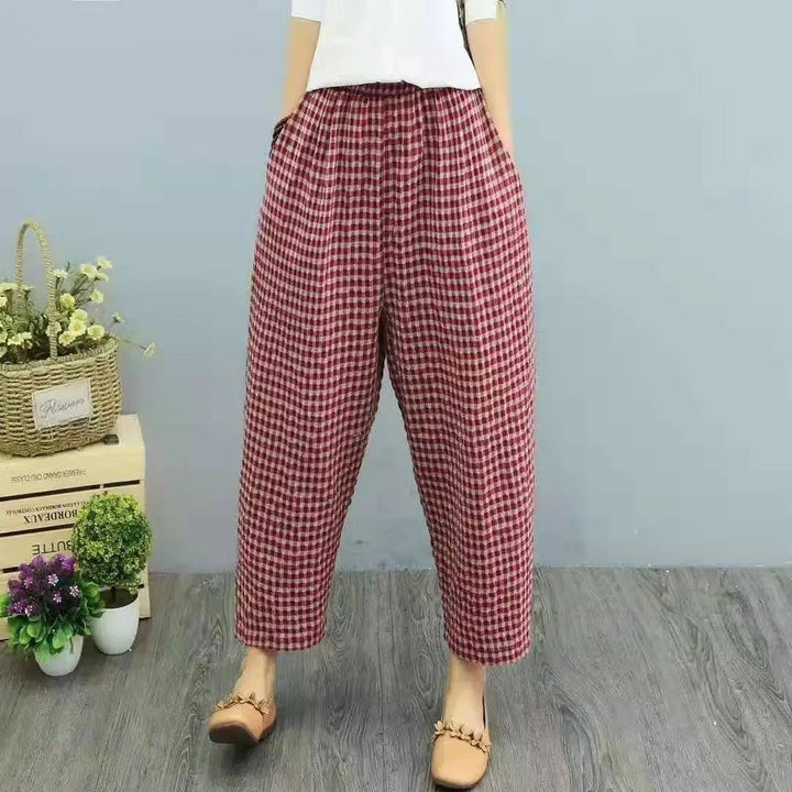 Pantaloni harem donna eleganti a vita alta con stampa a quadri, perfetti per un look casual chic di primavera autunno.