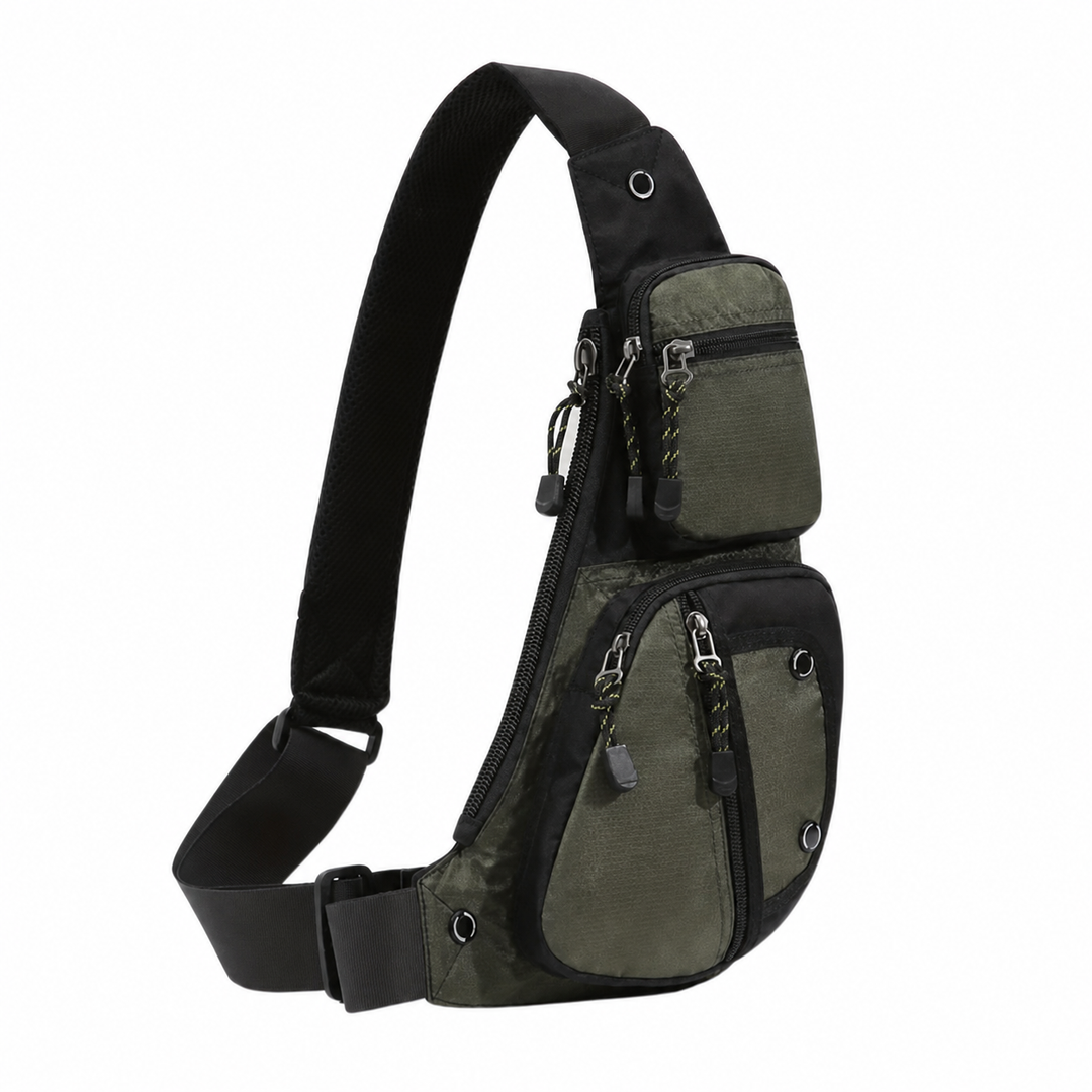 Borsa monospalla nera da uomo in tessuto impermeabile, dotata di sistema antifurto per massima sicurezza.