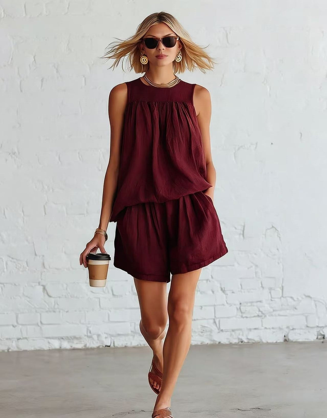 Outfit vacanza donna: set retro con top plissettato senza maniche e short ampi per il massimo comfort.