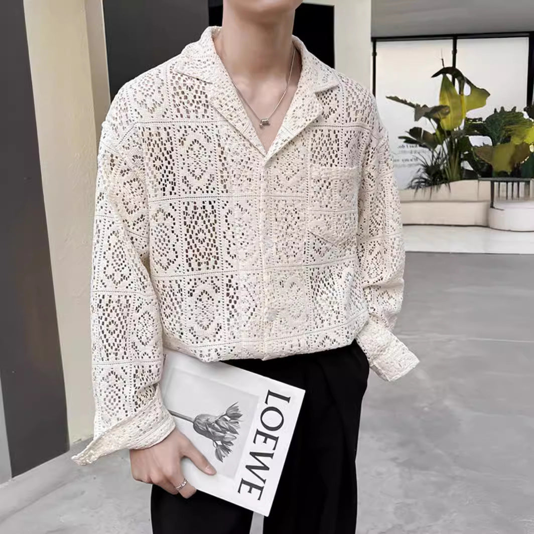 Moda uomo: camicia elegante loose fit con collo cubano, perfetta per l'abbigliamento autunnale.