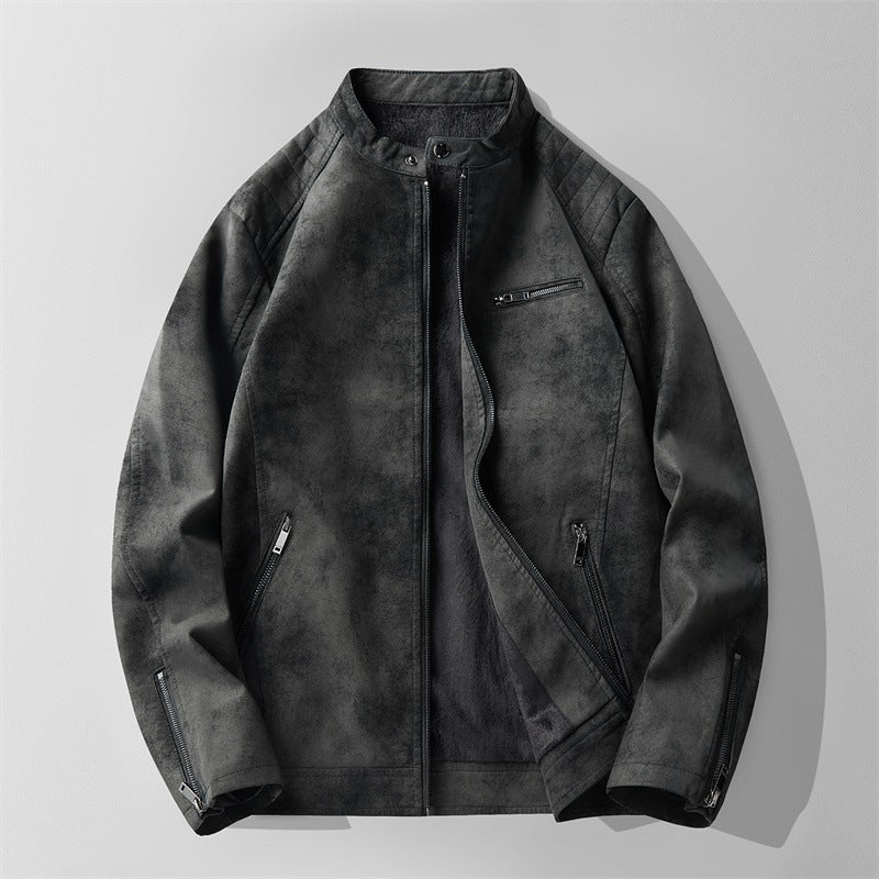 Giacca bomber uomo autunnale effetto camoscio marrone, colletto alto. Stile casual elegante.