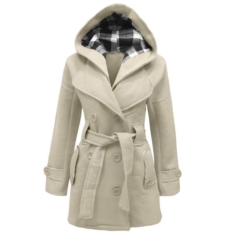 Elegante cappotto donna in lana lungo, ideale per l'inverno, con cappuccio e cintura. Perfetto outwear.
