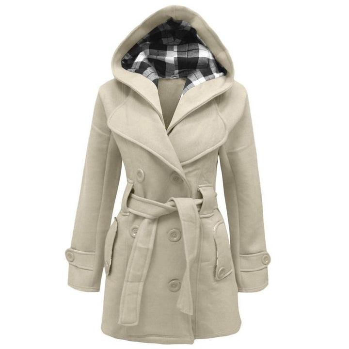 Elegante cappotto donna in lana lungo, ideale per l'inverno, con cappuccio e cintura. Perfetto outwear.