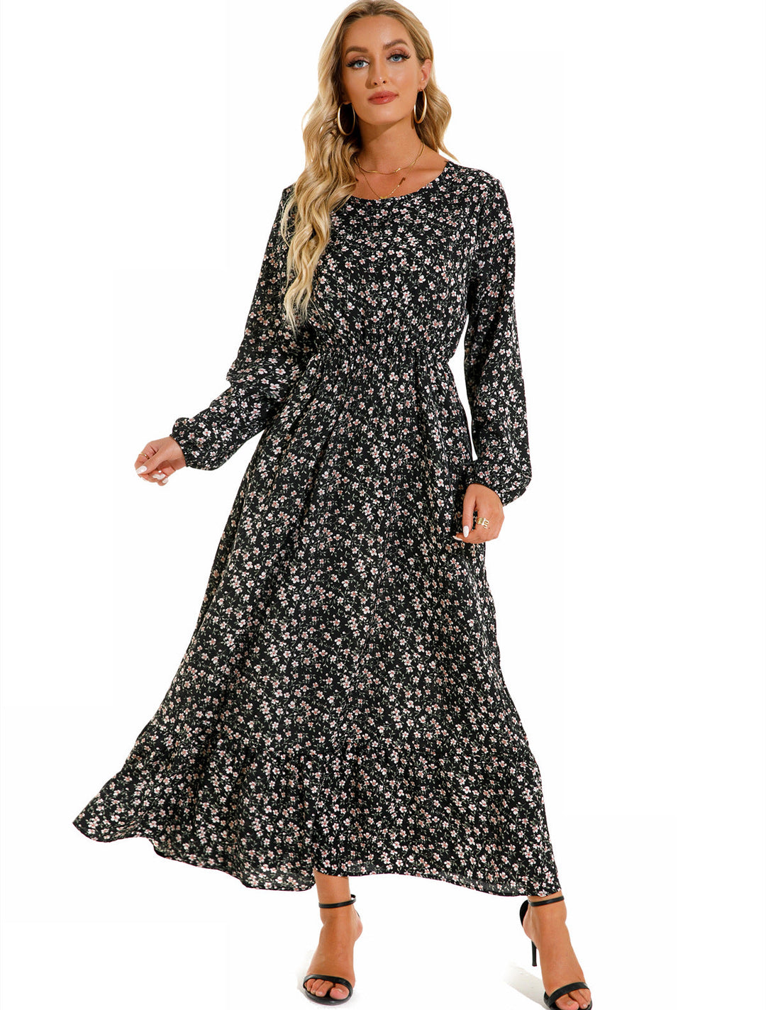 Abito floreale da donna lungo, scollo rotondo, per un outfit comodo e chic estivo.