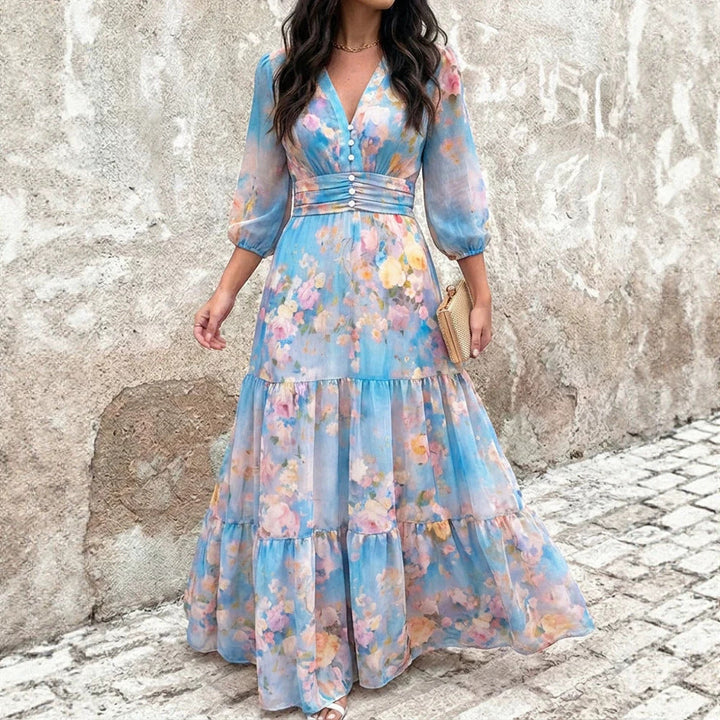 Abito donna elegante con volant e maniche 3/4, perfetto per primavera/estate.