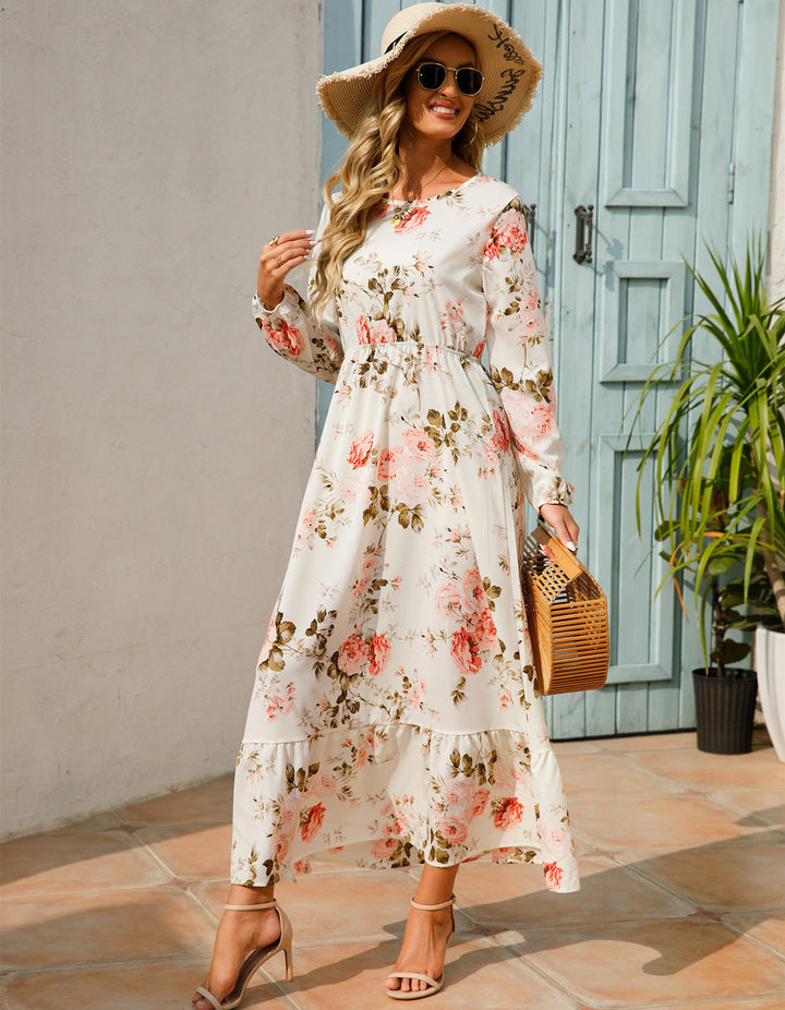 Abito lungo floreale elegante da donna, scollo rotondo, perfetto per ogni occasione estiva.