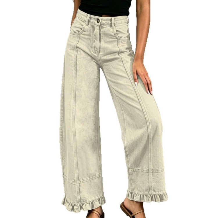Eleganti jeans donna casual, vita alta e gamba larga, perfetti per moda streetwear femminile.