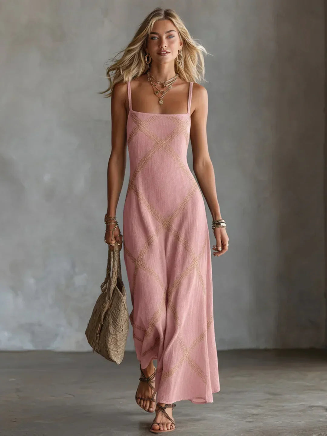Vestito lungo estivo fluido in poliestere leggero con fantasia geometrica, perfetto per la moda mare elegante.