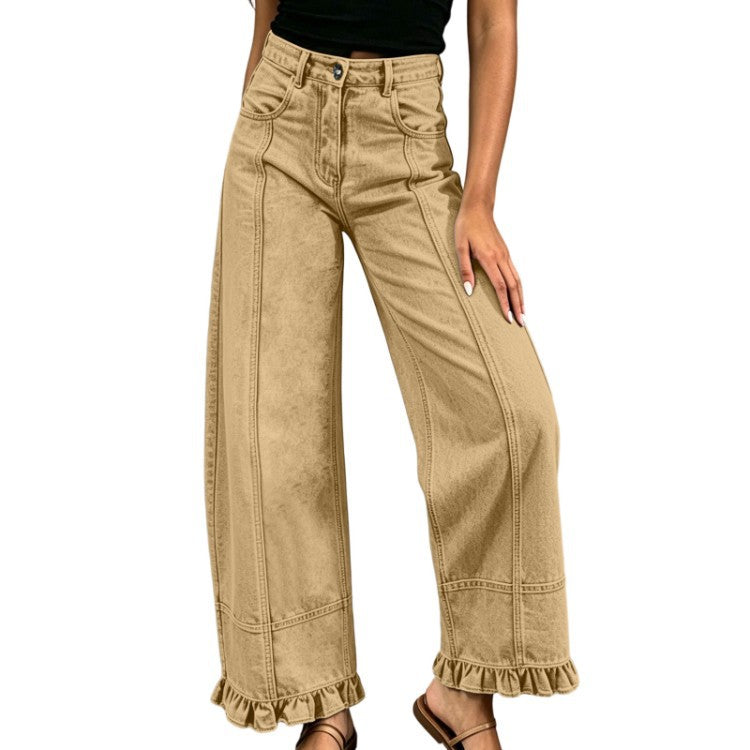 Versatili pantaloni donna jeans vita alta, gamba larga, comodi per streetwear e look casual.