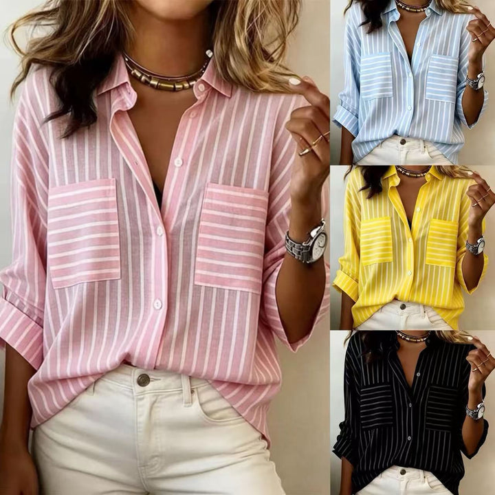 Camicia donna a righe casual classica con maniche lunghe, perfetta per look quotidiani eleganti.