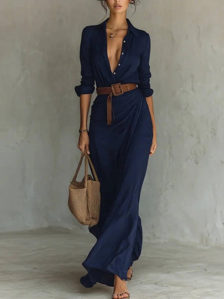 Moda donna: abito autunnale midi con volant, cintura e maniche lunghe. Vestito elegante versatile per outfit quotidiani.