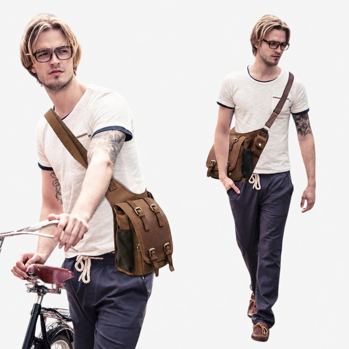 Borsa messenger uomo kaki in tela, multitasche per organizzazione interna eccellente, ideale per il viaggio.