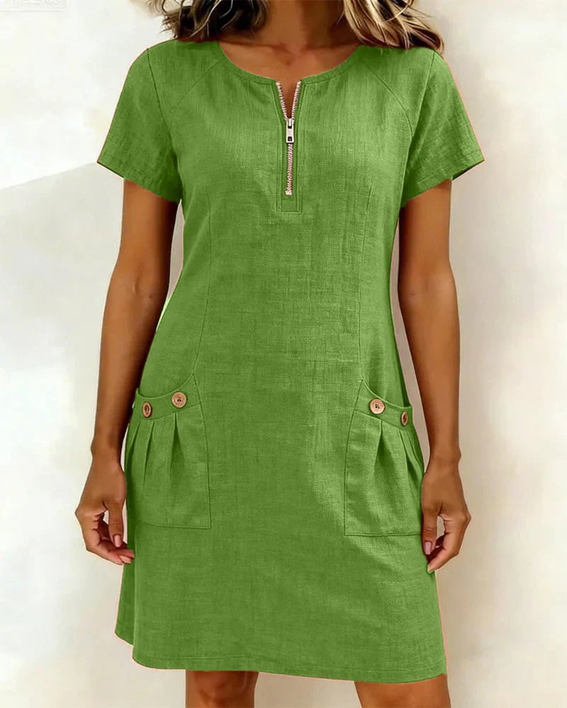 Vestito da donna linea A, versatile per look eleganti o casual, con maniche corte e design pratico.