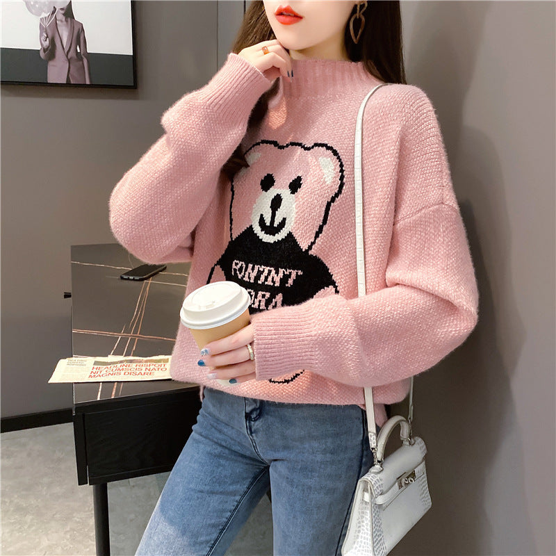 Maglione donna autunnale casual con orso, pullover confortevole per uno stile giocoso e alla moda.