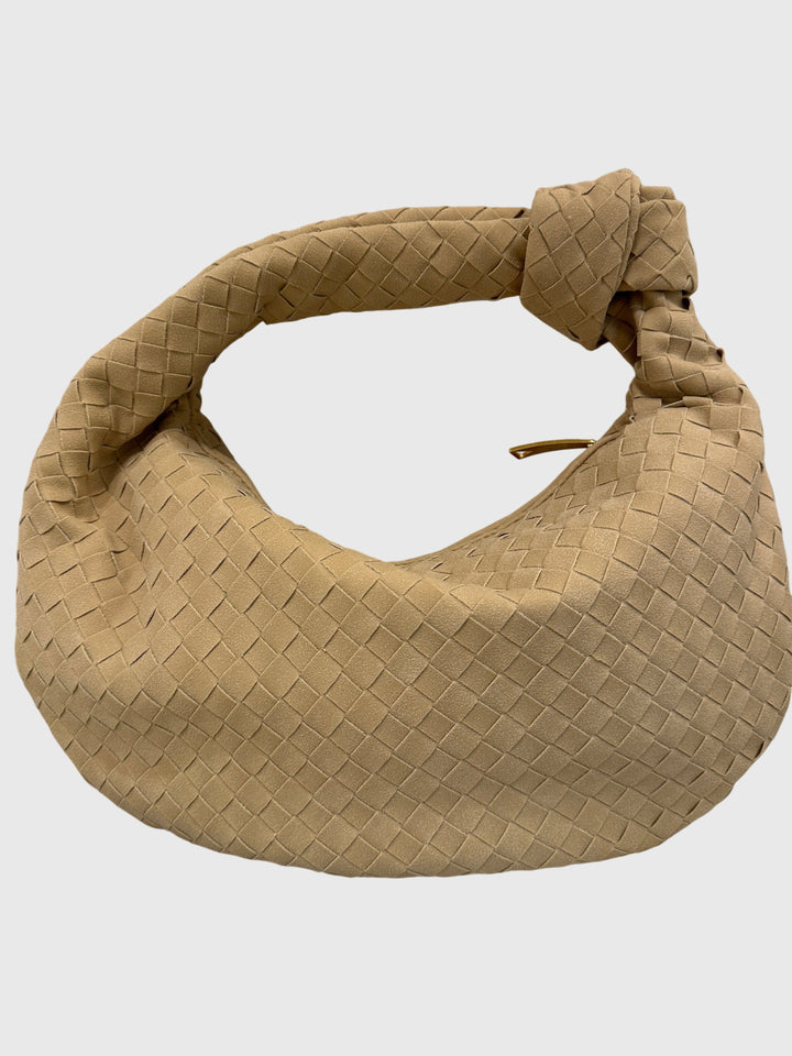 Borsa tracolla donna in suede intrecciato, colore neutro, nodo decorativo.