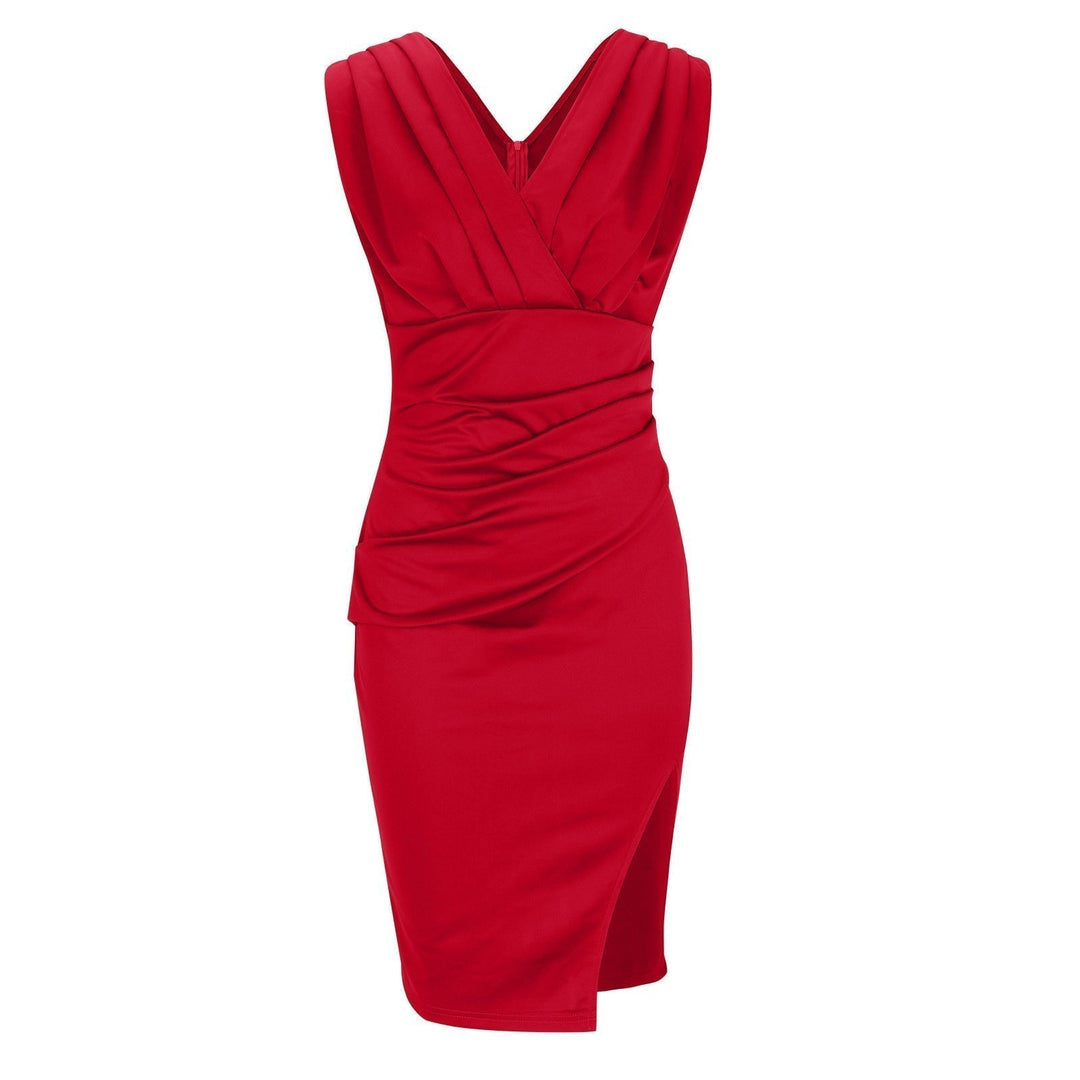 Silhouette elegante: abito midi aderente donna, scollo a V e spacco. Vestito moda per serate e eventi chic.