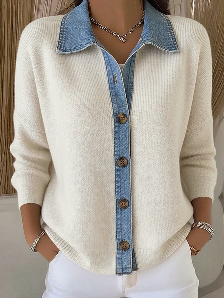 Cardigan donna elegante con collo polo e bottoni, perfetto per look sofisticati e casual chic.