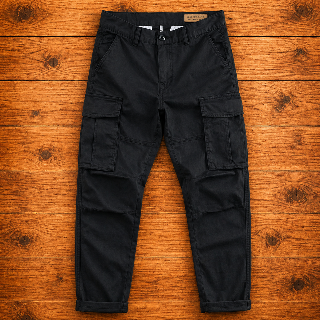 Modello indossa pantaloni cargo slim fit uomo grigi, mostrando vestibilità e tasche funzionali per il tempo libero.