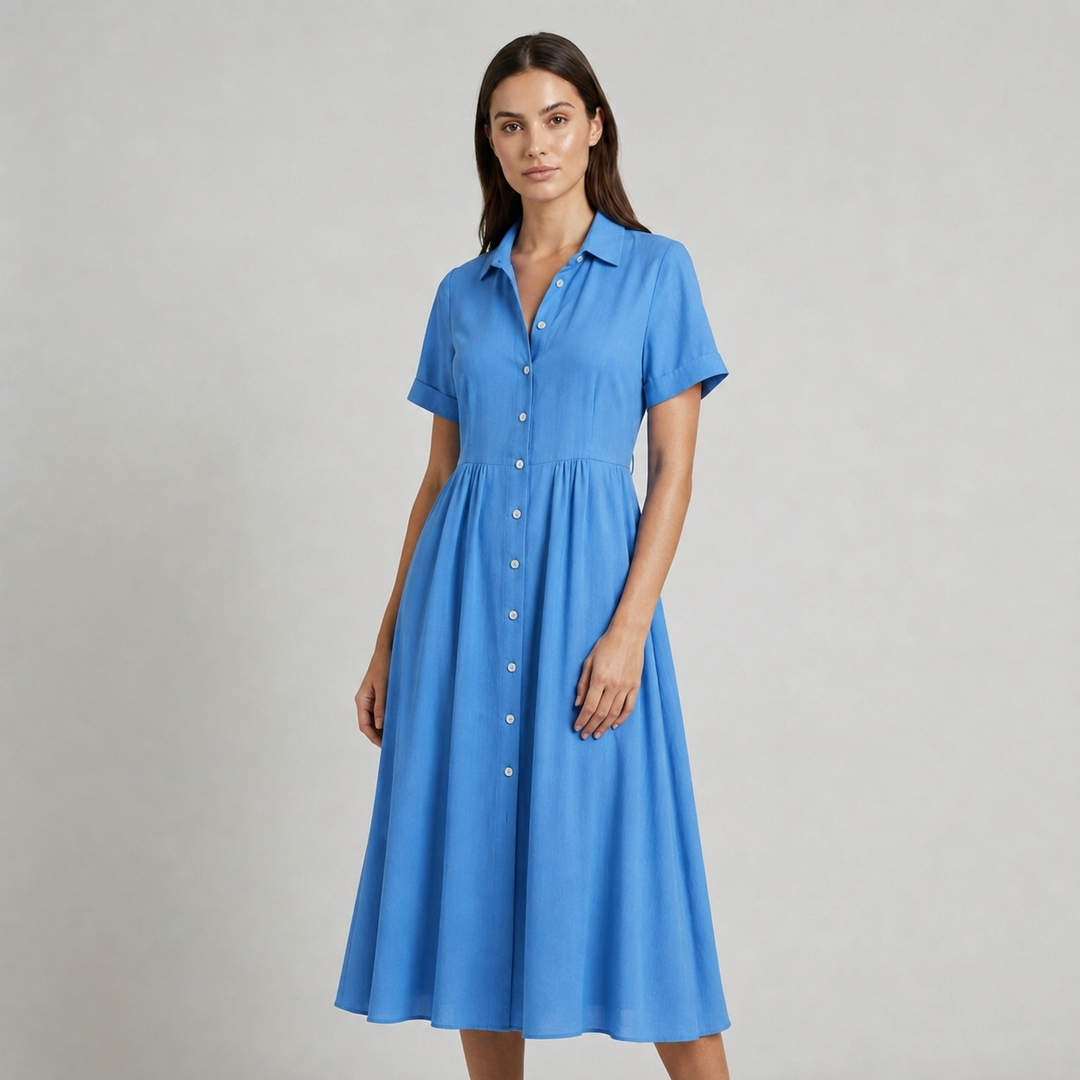 Abito midi plissettato blu da donna, con scollo a V e bottoni frontali, elegante e chic.