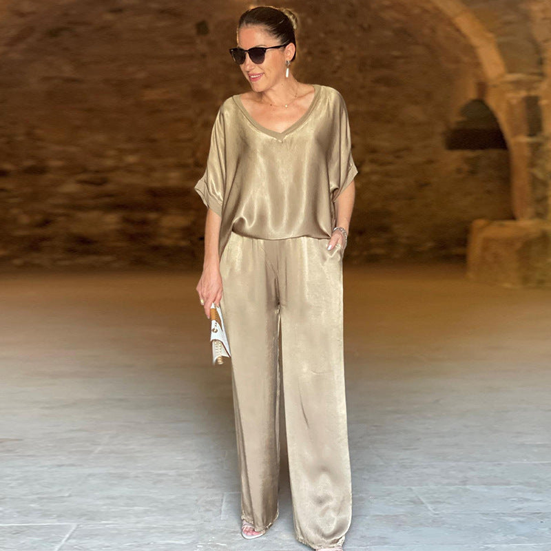 Elegante completo donna due pezzi autunnale: top casual scollo V e pantaloni larghi. Ideale per la moda donna.