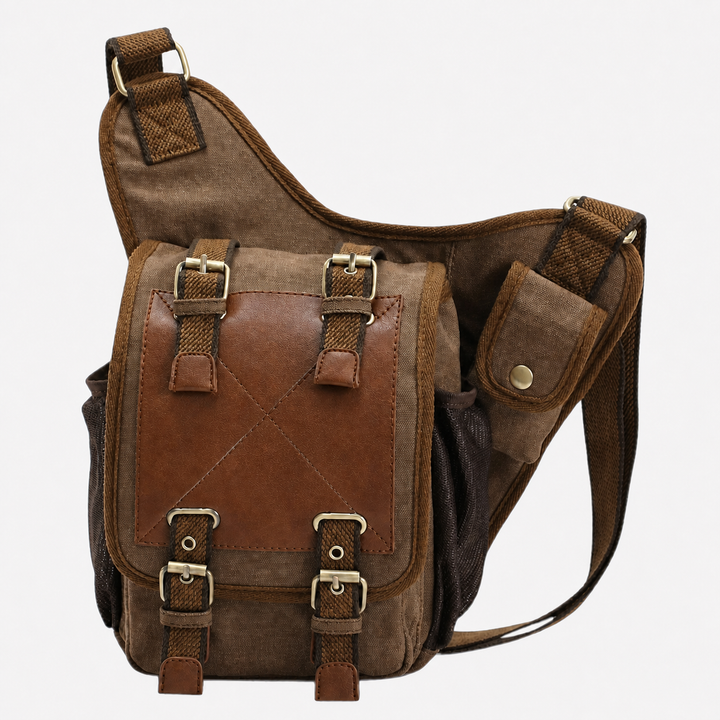 Borsa messenger uomo in tela kaki con patta e tasche frontali, robusta e multitasche, ottima per viaggiare.