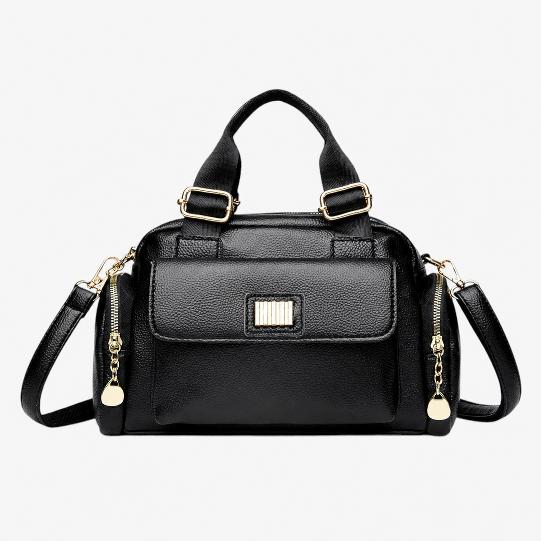 Borsa nera da donna in sintetico, a mano e con tracolla. Multitasche, versatile e chic per accessori moda.
