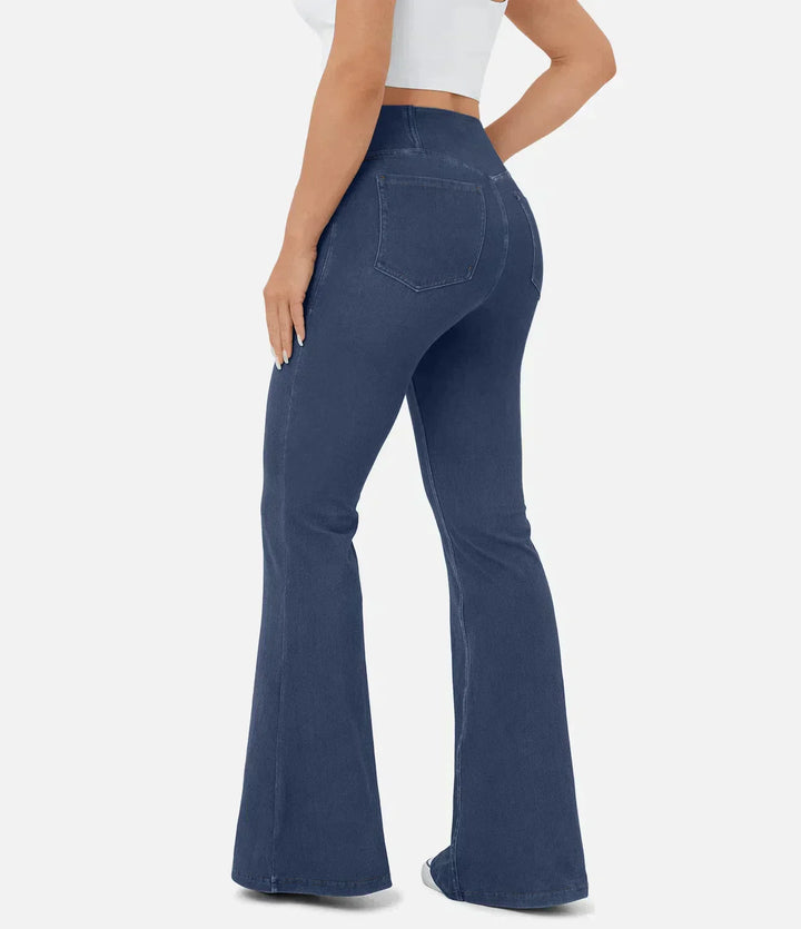 Jeans bootcut blu da donna a vita alta, elasticizzati, con tasche, per comfort e stile quotidiano.