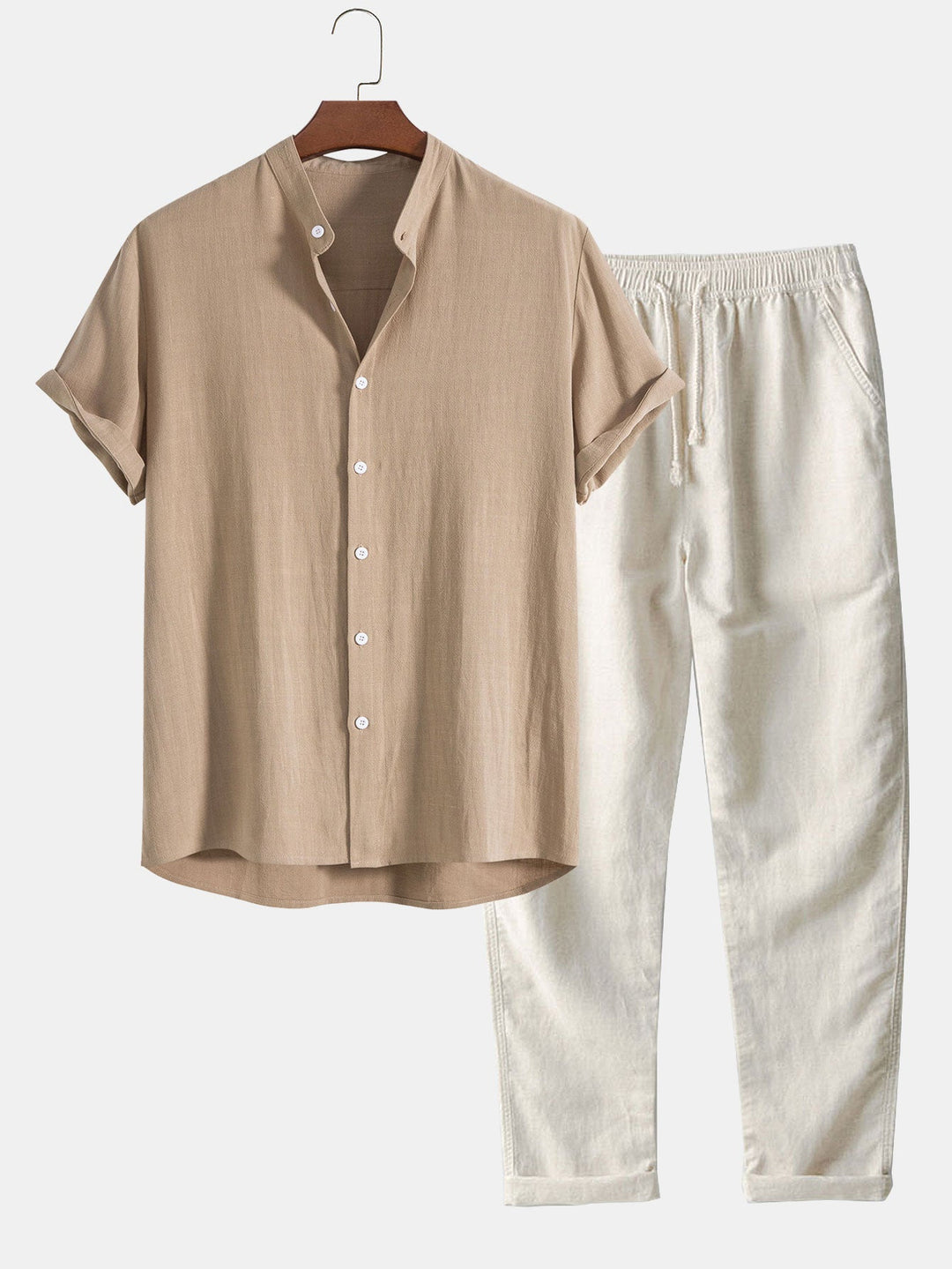 Completo due pezzi uomo in lino, outfit estivo versatile per occasioni casual o più eleganti, traspirante.