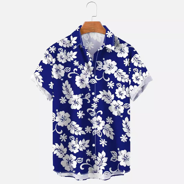 Camicia uomo leggera floreale, maniche corte, stampa estiva, tessuto elastico traspirante e confortevole.