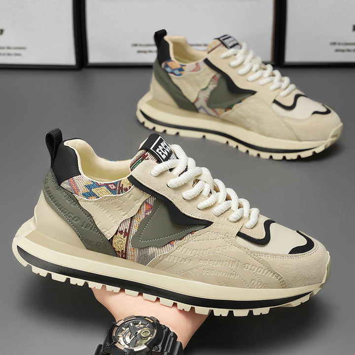 Sneakers uomo moda color block con dettagli multi-colore e suola spessa per uno stile casual e confortevole.