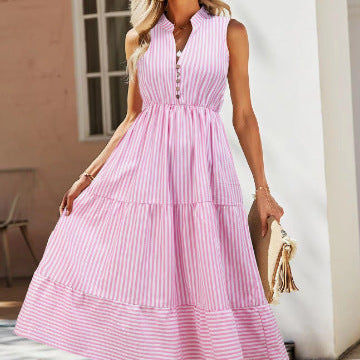 Abito donna midi elegante, scollo rotondo, righe verticali, senza maniche, per vestito da giorno versatile.