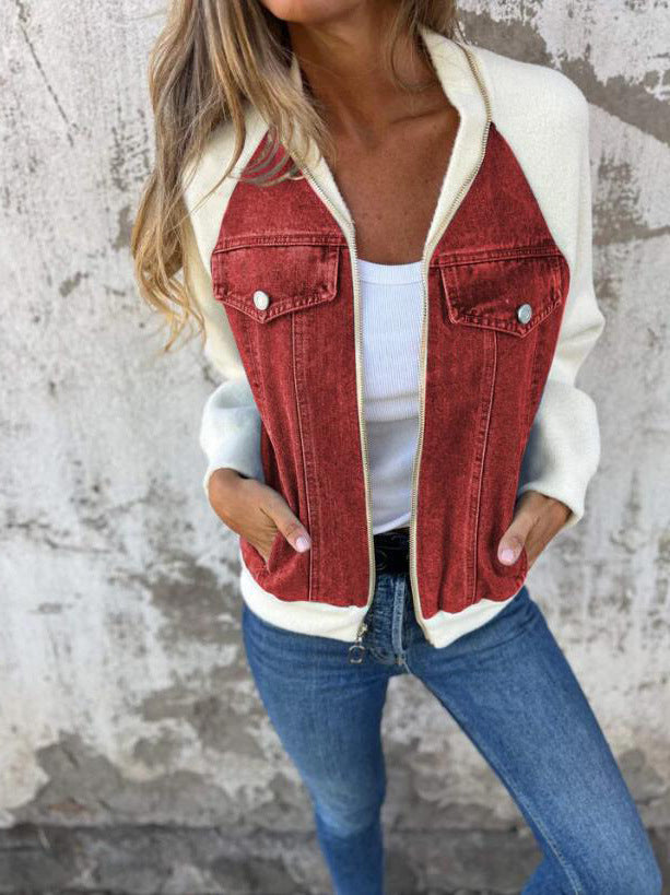 Versatile giacca elegante in denim da donna con scollo a V e cerniera, per moda casual autunnale.