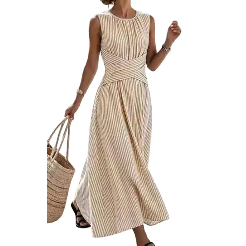 Abito maxi donna in cotone a righe estivo. Elegante vestito con vita incrociata, perfetto per spiaggia/casual.
